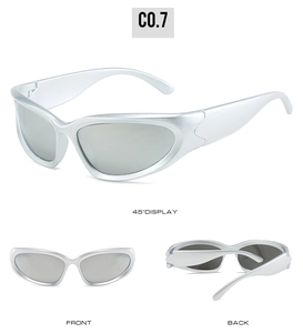 Three-angle view of silver mirror Y2K steampunk sunglasses with metallic wrap frames