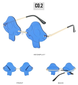Detailed multi-angle views of mushroom-shaped blue sunglasses with gold metal frames
