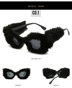 Drei Perspektiven einer Cat-Eye-Sonnenbrille mit luxuriösem schwarzen Kunstpelz-Besatz
