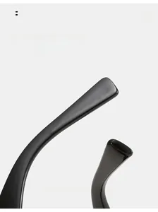 Detail of ergonomic curved temple legs for comfortable black fashion sunglasses