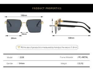 Detailed sizing chart and technical specifications for square frame unisex sunglasses