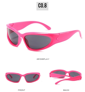 Three views of pink steampunk wrap sunglasses with grey lenses and sporty frame