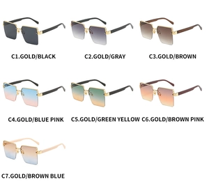 Detailed grid showing seven stylish square metal sunglasses with various gradient lens colors