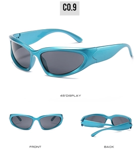 Detailed views of blue metal wrap-around sunglasses with grey lenses from three angles