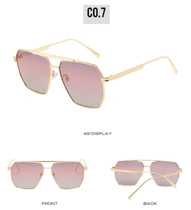 Detailed multi-angle view of gold pilot sunglasses with purple gradient lenses