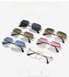Detailed view of rimless rectangular sunglasses in six gradient colors with gold hinges