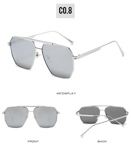 Multiple views of silver double bridge aviator sunglasses with mirrored lenses