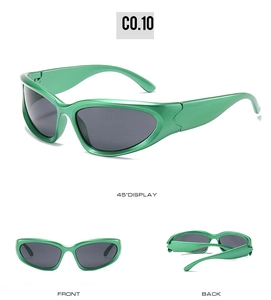 Three-way view of emerald green wrap-around steampunk sports sunglasses in cat-eye style