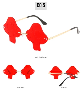 Detailed multi-angle view of red mushroom shaped sunglasses with gold metal frames