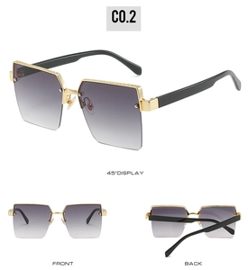 Multi-angle views of square gold frame sunglasses with gradient lenses and textured top