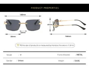 Size chart showing dimensions for rimless metal sunglasses with trapezoid lenses