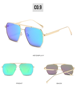 Three views of aviator sunglasses with gold metal frame and colorful gradient lenses