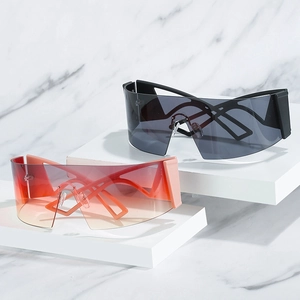 Futuristic cyberpunk shield sunglasses in black and pink frames with wrap-around lens