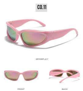 Three views of pink steampunk sports sunglasses with iridescent wrap-around lenses