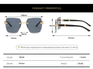 Detailed size chart for rimless square sunglasses with dimensions and metal frame specs