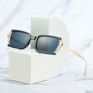 Retro square frame sunglasses with black acetate and gold hollowed metal temples