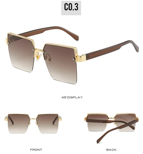 Three-way view of square sunglasses with gradient lenses and engraved metal frames