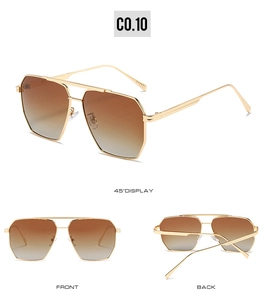 Multiple views of gold double-bridge aviator sunglasses with gradient brown lenses