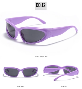 Steampunk sports sunglasses in purple frame shown from front, back, and 45-degree angles