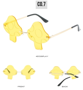 Three-view display of yellow mushroom shaped rimless sunglasses with gold metal temples