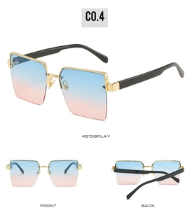 Detailed views of square metal sunglasses with gradient blue pink lenses and engraved frame