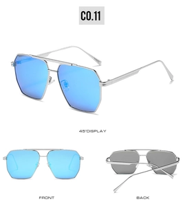 Three-angle views of blue mirrored pilot sunglasses with a slim silver metal frame