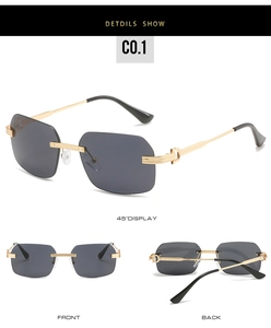 Detail of rimless sunglasses with gold C-shape metal hinges and dark grey lenses