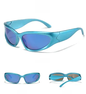 Three-view display of electric blue metallic wrap-around Y2K sporty punk sunglasses
