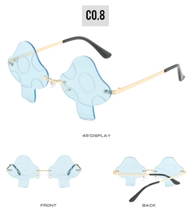 Detail view of light blue mushroom shaped rimless sunglasses with gold metal frame