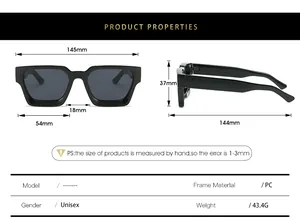 Detailed sizing chart for square frame sunglasses with PC material dimensions and weight