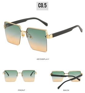 Close-up of square gradient lens sunglasses with gold bridge and textured top bar