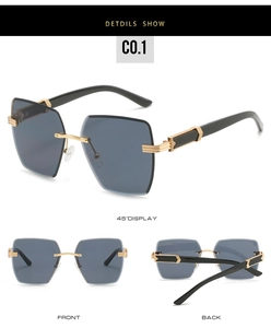 Detailed views of rimless square sunglasses with grey lenses and gold floral temple accents