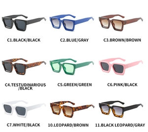 Grid view showing nine different color variants of trendy square frame sunglasses