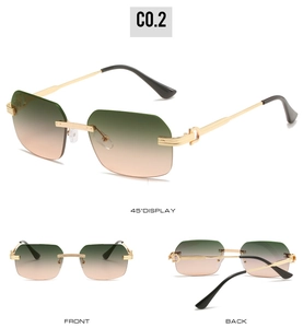 Three views of rimless sunglasses with gradient lenses and gold C-shape metal temples