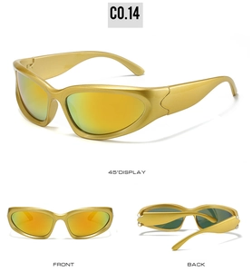 Steampunk sunglasses with reflective orange mirror lenses shown in three dynamic angles