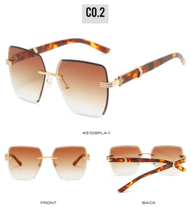 Three-angle views of rimless square sunglasses with gradient brown lenses and tortoiseshell arms
