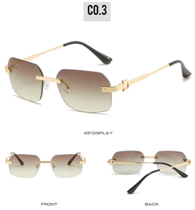 Frameless sunglasses with C-shape metal decor and gradient lenses in multiple angles