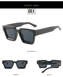 Three perspectives of trendy black square oversized sunglasses with thick frames and solid hinges