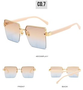 Three perspectives of rimless square sunglasses with orange-blue gradient lenses