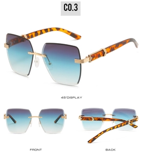 Three-angle view of rimless square sunglasses with blue-purple gradient lenses and gold trim