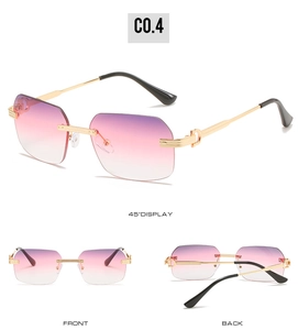 Detailed views of rimless rectangle sunglasses with purple gradient lenses and C-shaped hinge