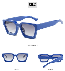 Three-angle view of blue square sunglasses featuring gradient lenses and thick frame