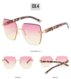 Detail view of rimless gradient sunglasses featuring tortoise shell temples and gold hardware