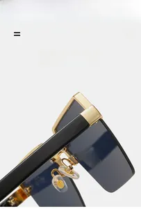 Detail of fashion sunglasses showing golden metal hinges and black frame texture