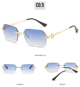 Frameless sunglasses with blue gradient lenses and gold C-shaped metal hinges