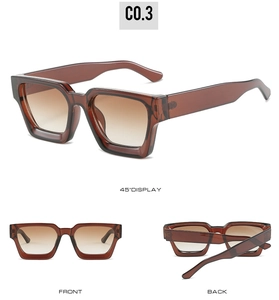 Three-angle views of amber brown tortoiseshell rectangular sunglasses with gradient lenses