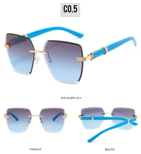 Three-way view of rimless square sunglasses with blue-purple gradient lenses and gold C-hinge