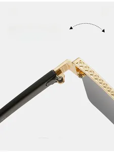 Macro view of durable gold textured metal hinge on square fashion sunglasses