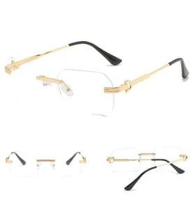 Three-angle view of rimless luxury sunglasses with C-shaped gold metal hinges