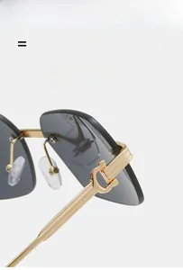Detailed view of frameless sunglasses with golden C-shape hinge and grey lenses